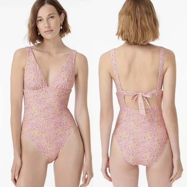 NWT J. Crew Eco Plunge One Piece‎ Swimsuit Beach Paisley Peach Size 12 - Image 2
