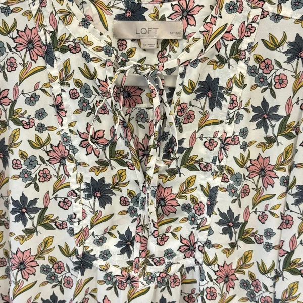 LOFT Petites Floral Split Neck Tie Blouse White Pink Blue Long Sleeve SP - Image 5
