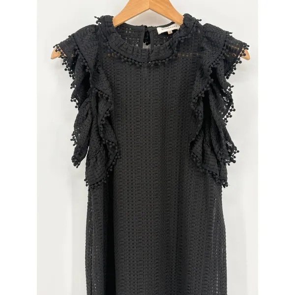 Sugar + Lips‎ Eyelet Ruffle Mini Dress Womens Small Black Pom Pom Trim STD10938 - Image 4