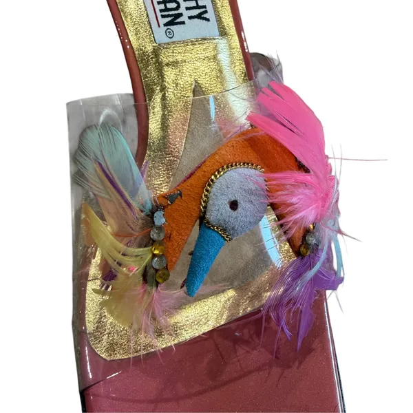 Timothy Hitsman Pink Feather Bird Heels Size 6M Clear Strap Sculptural Y2K Mules - Image 4