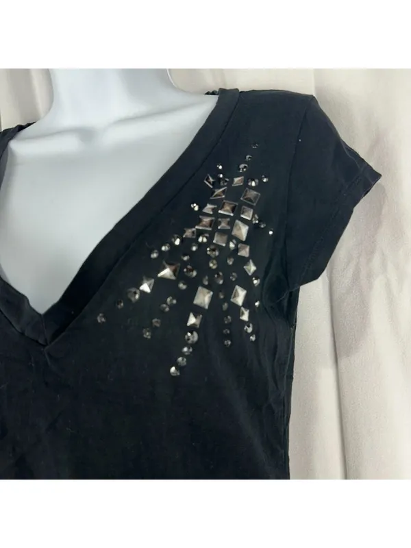 Susie Rose Womens Black V-Neck Embellished T-Shirt Size M Stretchy Cotton Blend - Image 2