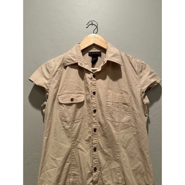 Ralph Lauren Vintage Khaki Safari Shirt Dress Utility‎ Button Front Size 10 Y2K - Image 4