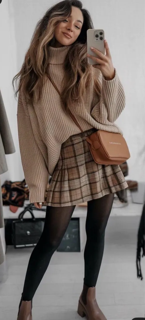 Maison D’amelie plaid brown /beige mini skirt size L - Image 2