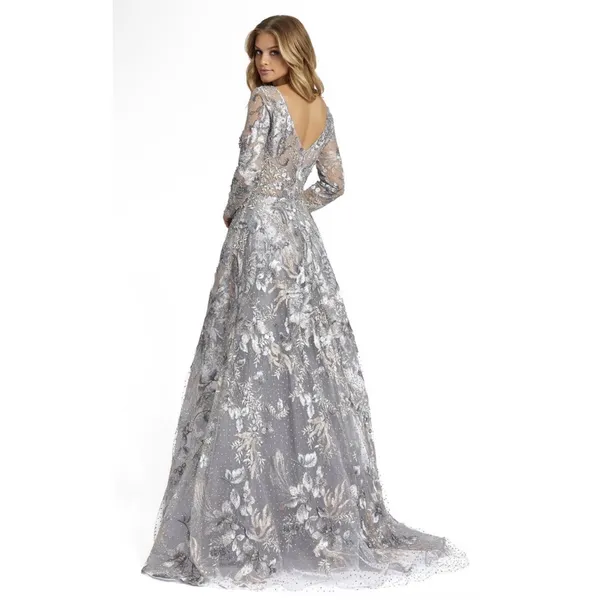 MAC DUGGAL 20214 LONG SLEEVE BEADED APPLIQUE GREY MULTI GOWN Size 6 Dress - Image 3