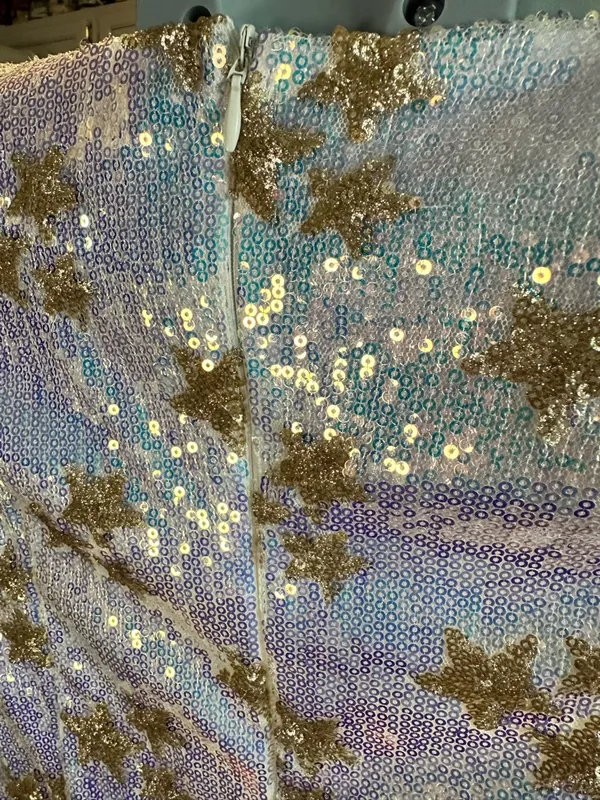 Iridescent white and gold Sequin Mini Dress with Gold Stars - Image 4