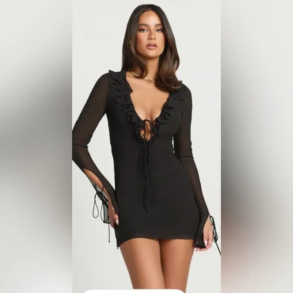 Whimsigoth Lace Overlay Mini Dress‎ Ruffle Plunge Neck Size 12 Bell Sleeves - Image 9