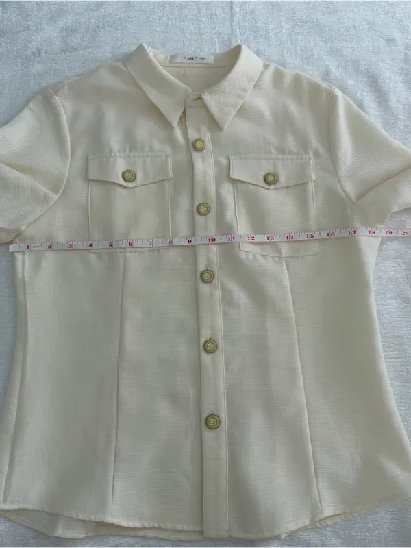 AMII Ivory Textured Short Sleeve Button Down Shirt Gold Buttons M - Image 12