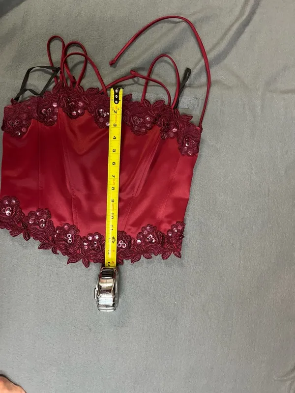 Polka USA Vintage Two-Piece Burgundy Satin Prom Dress Lace-Up Corset Top & Maxi - Image 14