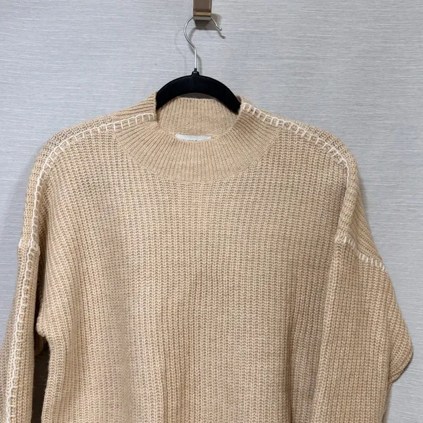 Evereve Womens Tan Ribbed Mock Neck Sweater Whipstitch Detail Size M - Image 3