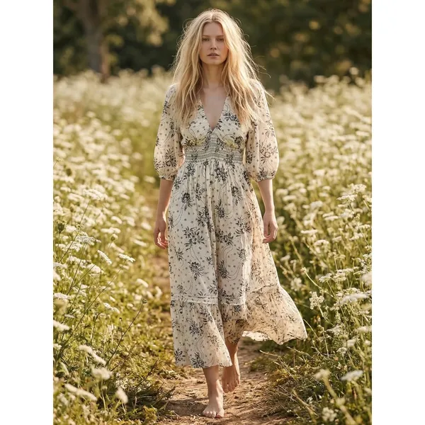 Free People Bohemian Billowy Ethereal Floral Golden Hour Maxi Dress Ivory Large - Image 3