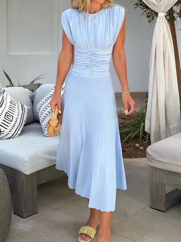 Zara ruched pleated knit Light Blue Midi Dress, stretchy - Image 2