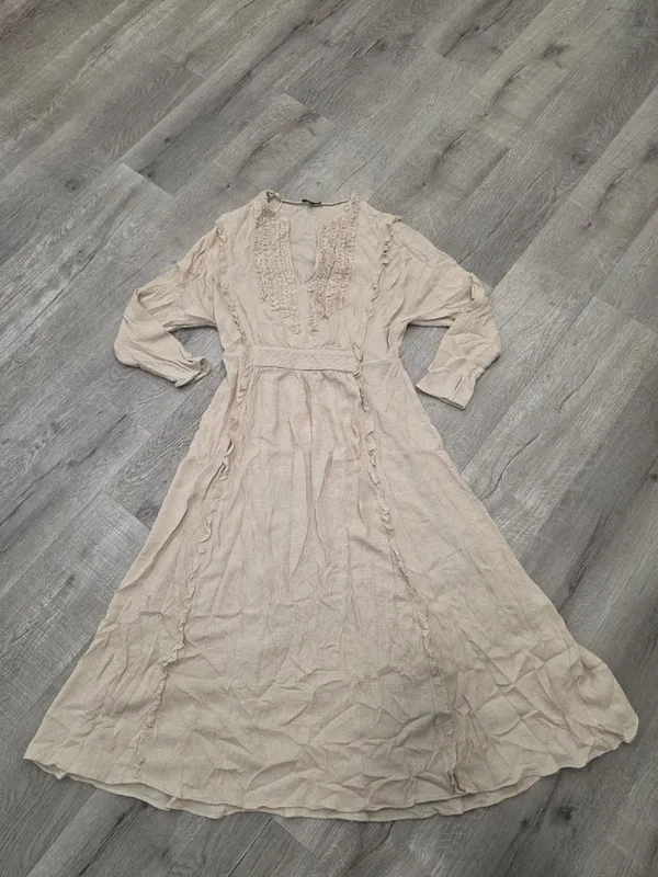 Massimo Dutti Beige Textured Long-Sleeve Midi Dress Ruffle & V-Neckline Size M - Image 9