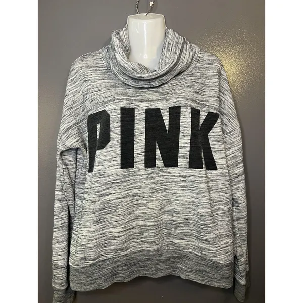 PINK Victoria's Secret Sweatshirt Womens Medium Gray Cowl Neck Logo Pullover - Image 2