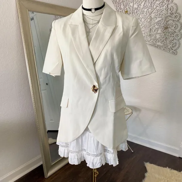 NWT Commense Metal Detail Short-Sleeve Blazer Cream Gold S - Image 3
