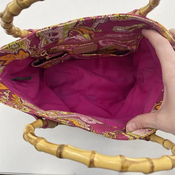 Ralph Lauren Vachetta‎ Leather Paisley Canvas Purse Handbag Round Bamboo Handle - Image 13