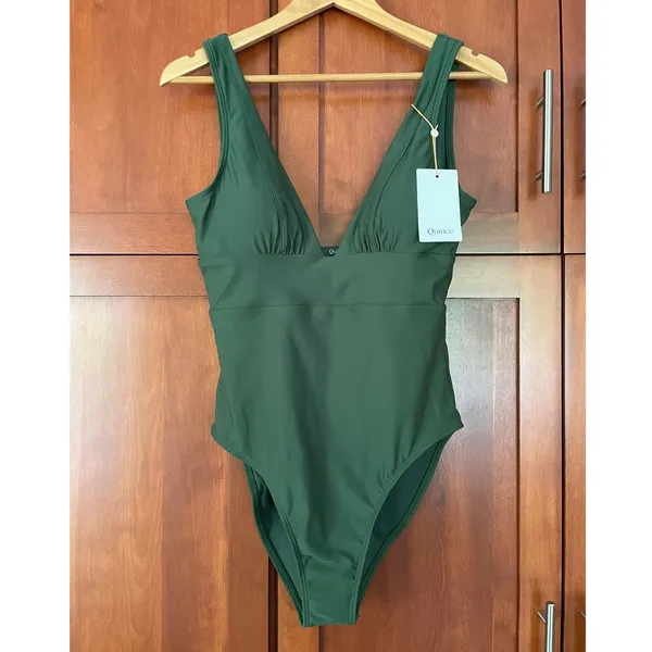 Quince Italian Plunge One-Piece Swimsuit Palm Green Size Medium NEW - Image 2