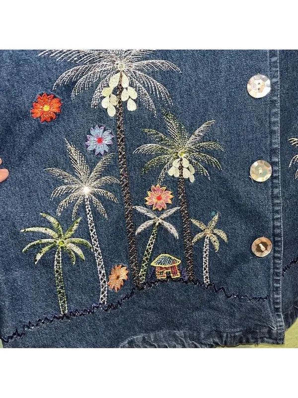 NEW Vintage Blue Jean Jacket Embroidered Palm Trees tropical resort cruise vacay - Image 5