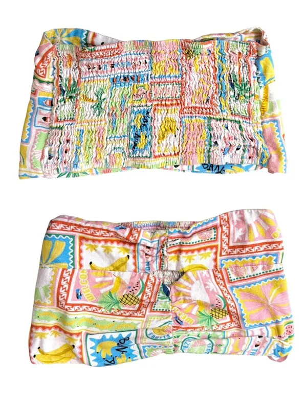 🌞 S/M Multicolor Tropical Postcard Print Linen Pants Set Pink - Image 3