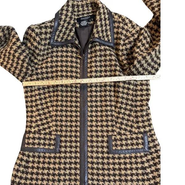 Peck & Peck Houndstooth Wool‎ Blend Zip Jacket Brown Tan Faux Leather Trim Sz 12 - Image 9