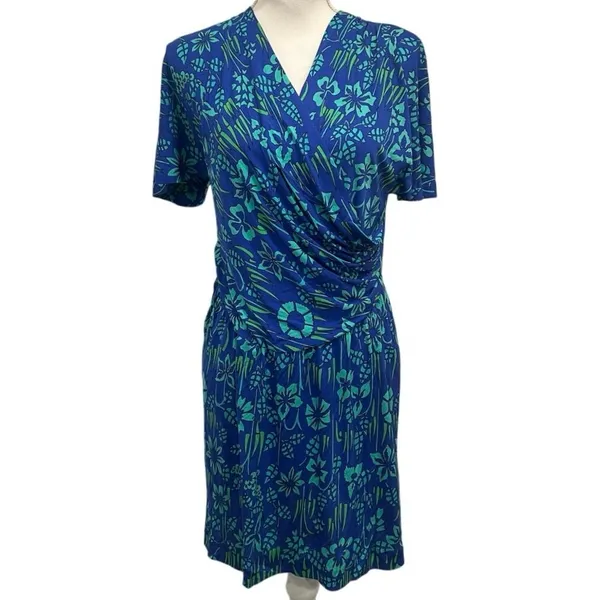 VTG 70s Bessi Firenze Blue Green Floral Silk Faux Wrap Surplice‎ Dress Mod Small - Image 3