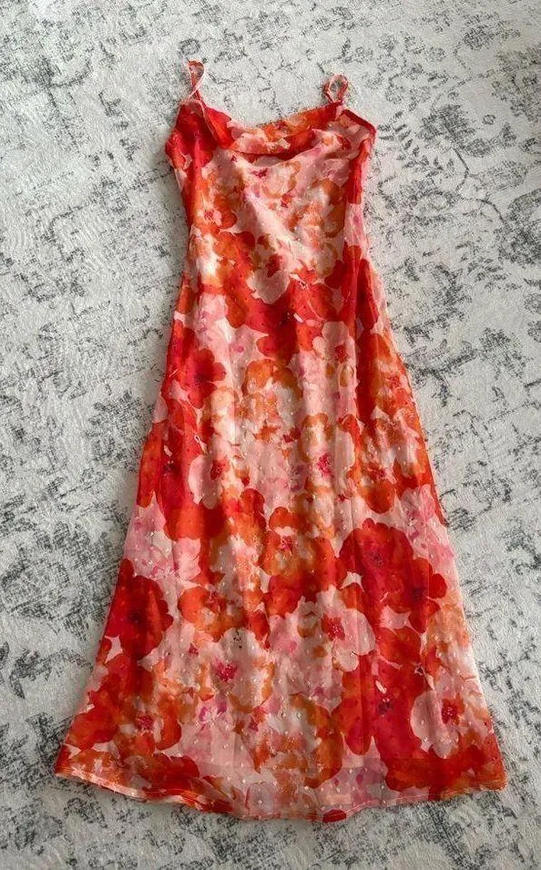 Lulus Pink Floral Swiss Dot Cowl Neck Midi Dress Size Small - Image 5