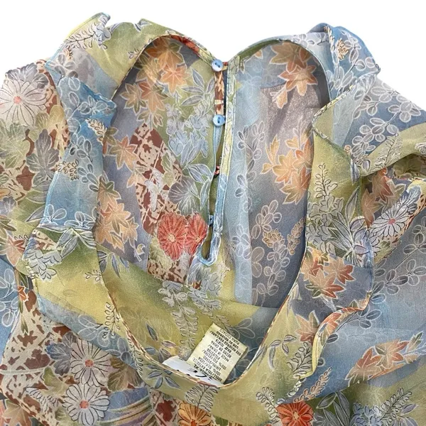 Y2K Silk Floral Ruffle Blouse Fairycore Sheer Top - Image 8
