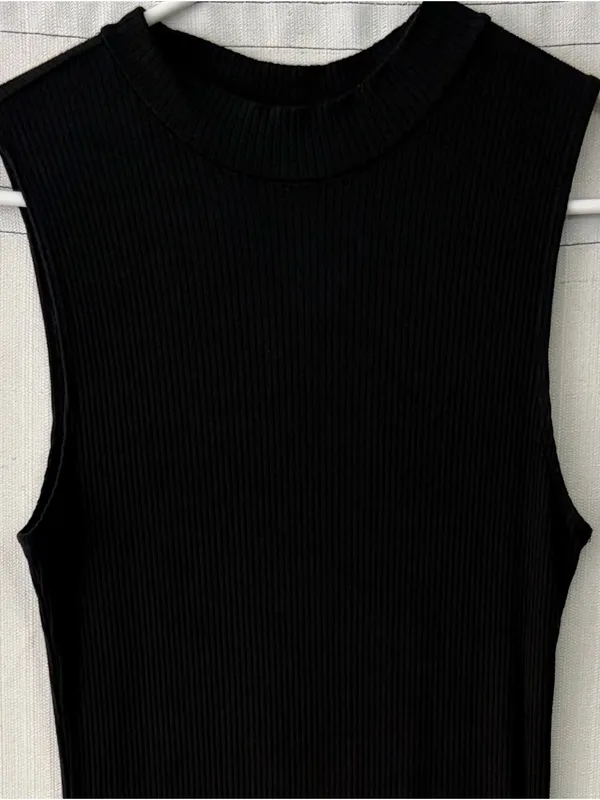 Leith women’s size M Black Ribbed Mock Neck Sleeveless Midi Dress (E76) - Image 3