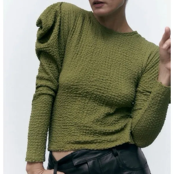 Zara Olive Green Textured Popcorn Knit Ruffle‎ Puff Shoulder Top Womens Medium - Image 2