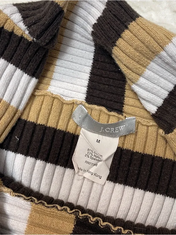 J Crew Brown Tan Striped Fold Over Turtleneck Ribbed Sweater Alt Y2k Fall Chic - Image 2