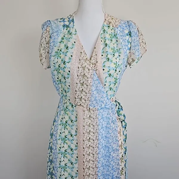 Blue Rain Pastel Floral Patchwork Wrap Maxi Dress - Size M - Image 3