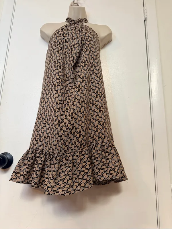 EMERY ROSE Size S Halter Mini Dress Beige Black Geometric Print Ruffle Hem - Image 7