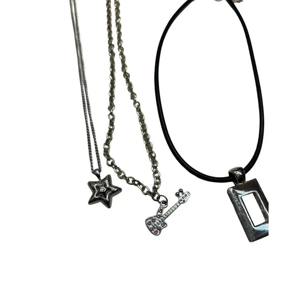 Three silver toned necklace set - guitar pendant, dog paw and square pendant s - Image 3