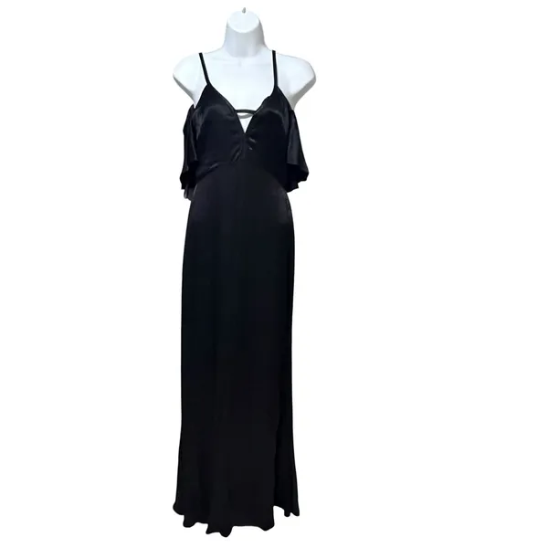 Ali & Jay Black Satin Cold Shoulder Flutter Sleeve V-Neck Maxi Gown Dress - Image 3