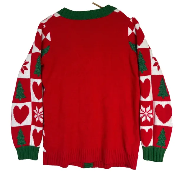 Ugly Christmas Holiday Sweater Button‎ Up Cardigan Red Sequin Trees Sz S (4-6) - Image 2