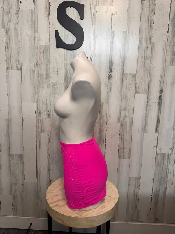 SheIn Rhinestone Embellished Bodycon Mini Skirt Womens Small Neon Hot Pink Stretch - Image 3
