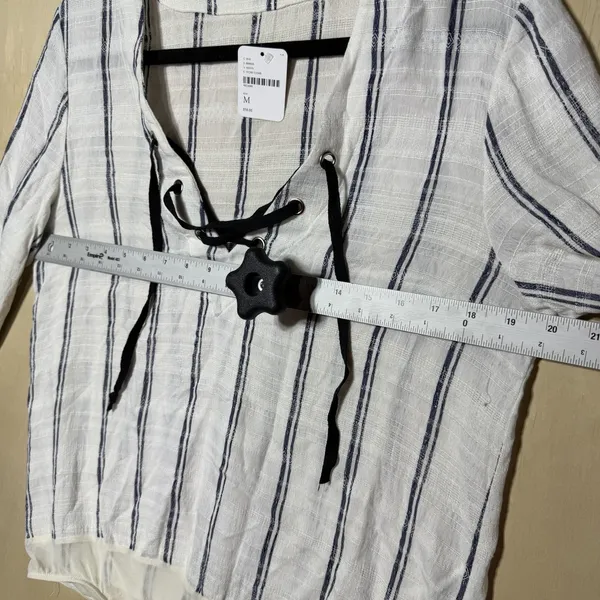 Free People Intimately Bodysuit Top Medium NWT‎ Lace Up Striped Boho Linen Blend - Image 5