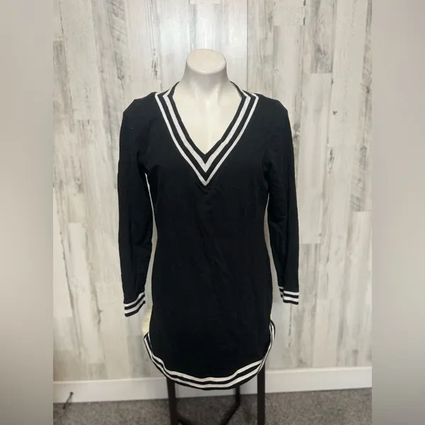 Soho New York & Company street Black Long Sleeve V Neck Stripe Trim Dress Preppy - Image 6