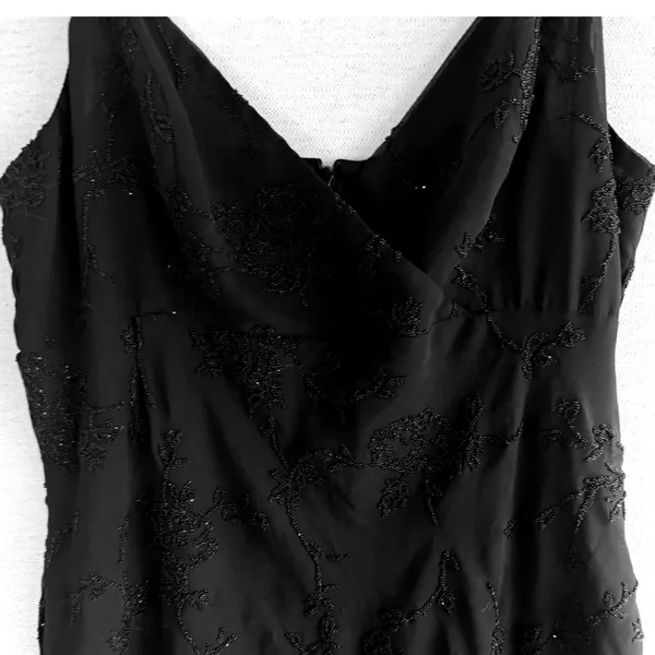 JSC Vintage 90s Black Beaded Floral Mini Dress Spaghetti Strap Size 14 Wrap Neck - Image 4