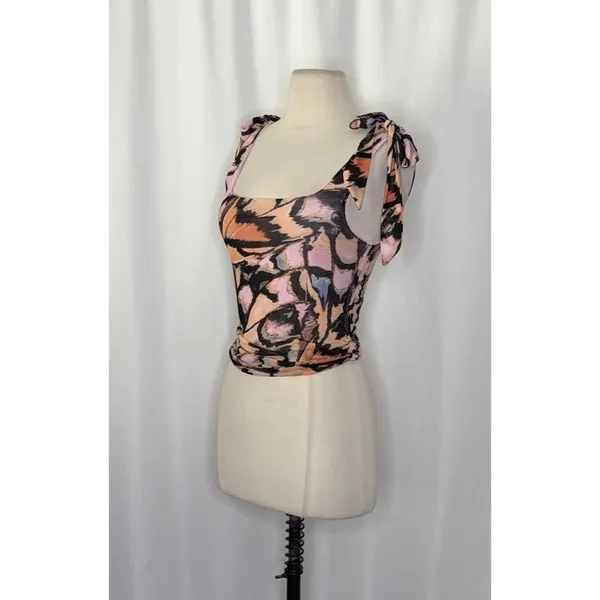FREE PEOPLE‎ Avenue Tank Top Tie Shoulders Scoop Neck Pink Combo Retro Medium - Image 6