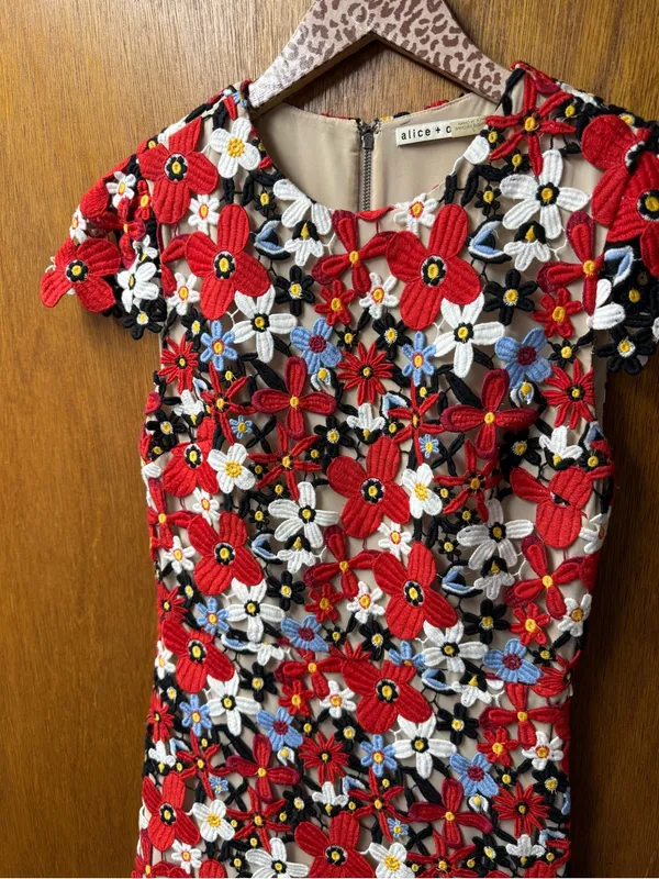 Alice + Olivia Imani Red Fit Flare Guipure Lace Overlay Floral Mini Dress Red 2 - Image 12