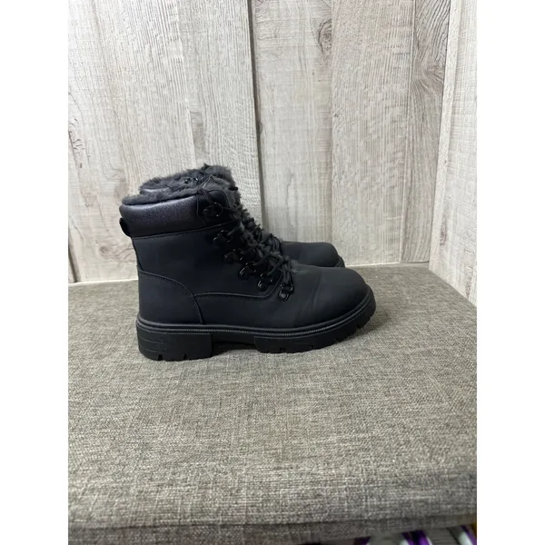 Womens Sz 7 Black Faux Fur-Lined Boots Side Zipper & Lace-Up Emo Goth Grunge - Image 2