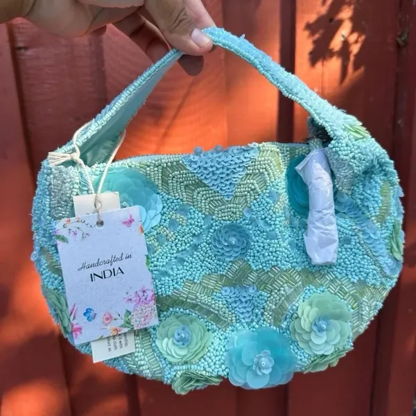 TJ Maxx Marshall’s blue green teal viral bead floral sequin shoulder bag - Image 3