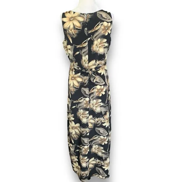 Vintage 90s Maxi Dress Black Tropical‎ Dark Floral Brown Sleeveless Bow Detail - Image 8
