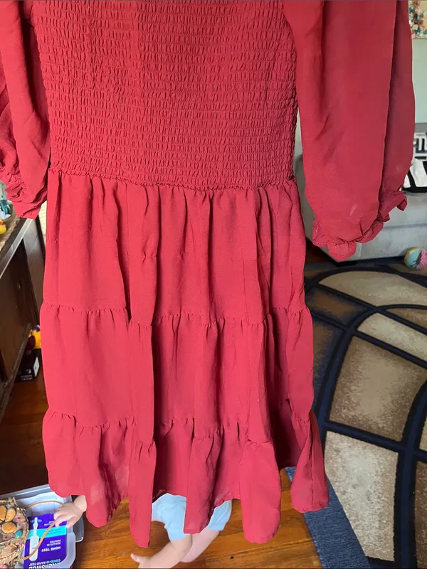 Smocked Midi Dress in Deep Red with Puff Sleeves - Image 7