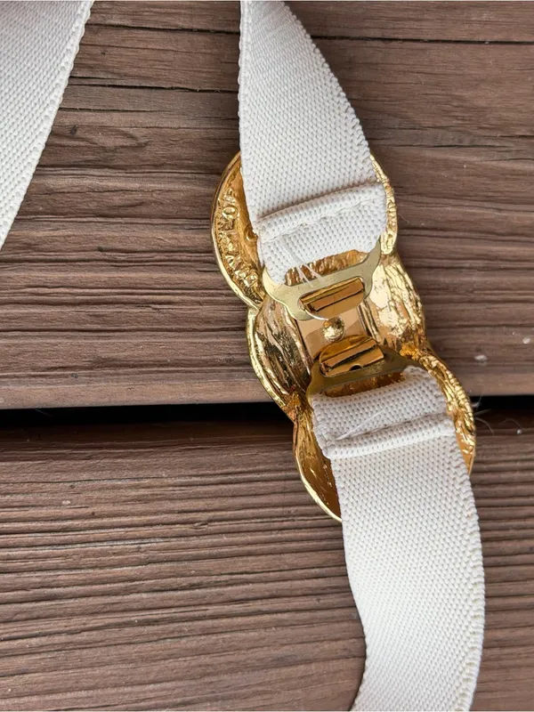 Vintage Day-Lor Celtic Knot Gold Cream Enamel Buckle Stretch Belt 1980s - Image 2