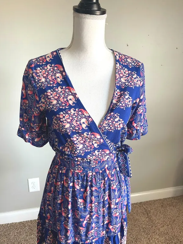 DEBBIE DABBIE | Blue & Pink Floral Print Wrap Mini Dress Sz 8 - Image 3