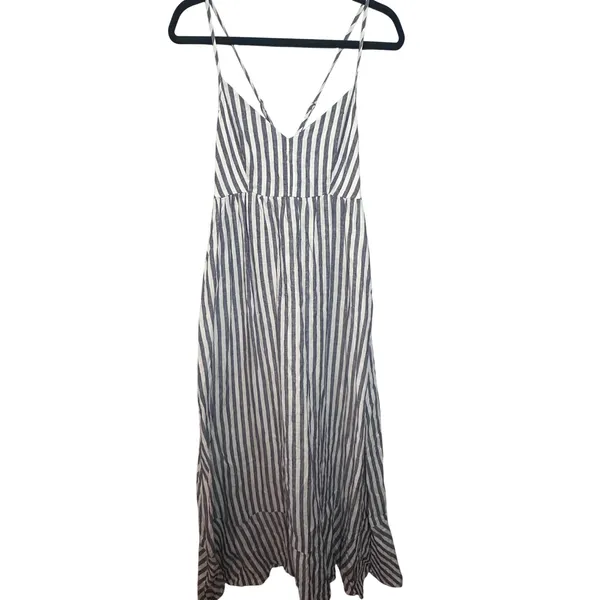 Antibes‎ Blanc Blue White Striped 100% Linen Midi Dress Womens Size 6 V-Neck - Image 3