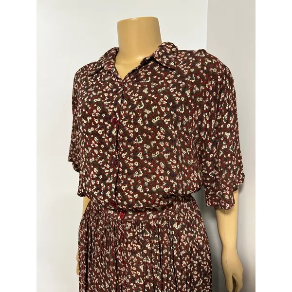 VINTAGE Jane Ashley Burgundy Floral Two Piece Shirt and Pleated Midi Skirt ML - Image 2