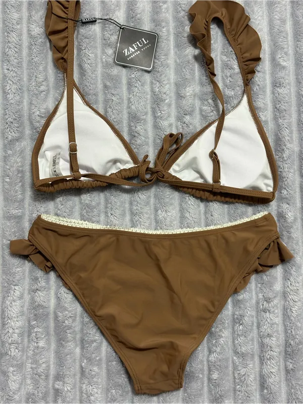 Zaful Brown Ruffle Triangle Bikini Set - Image 3