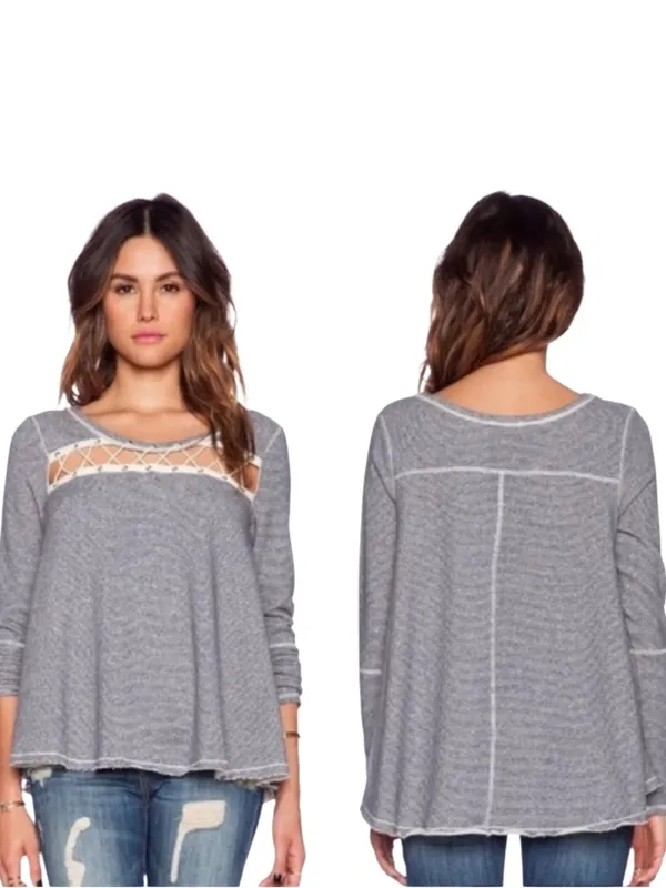 Free People grey and blue striped flowy long sleeve top - Image 2
